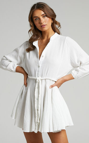 Raphaelle Mini Dress - Long Sleeve Button Up Dress in White