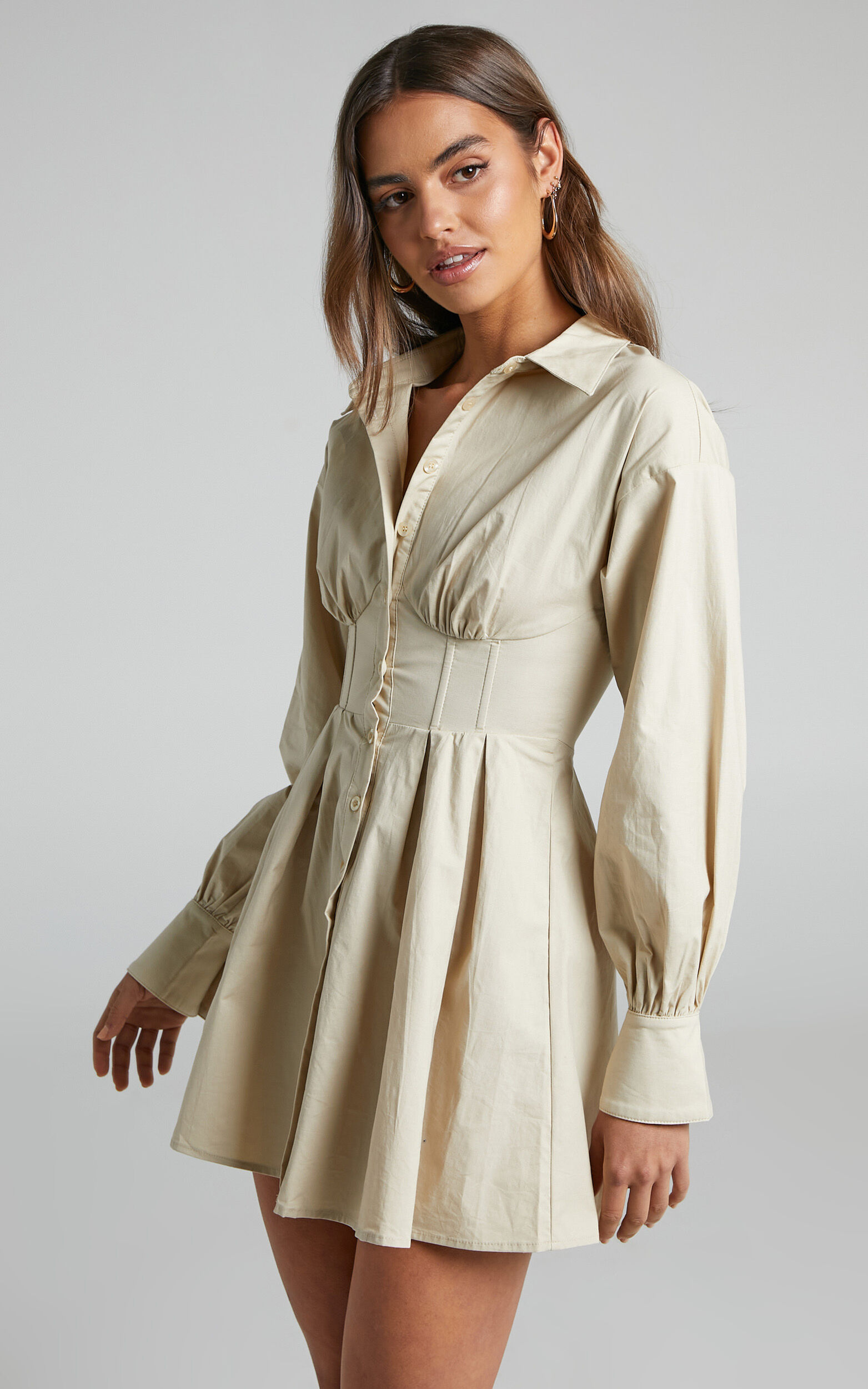 Claudette Mini Dress - Long Sleeve Corset Shirt Dress in Sand