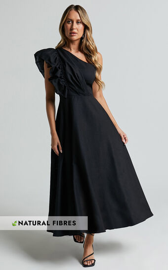 Dixie Midi Dress - Linen Look One Shoulder Ruffle Dress in Black Showpo