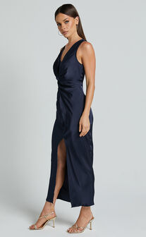 Mariah Maxi Dress - Twist Detail Wrap Hem Satin Dress in Midnight Blue