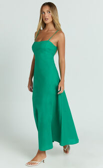 Brette Midi Dress - Linen Straight Neck Strappy Fit And Flare Dress in Olive