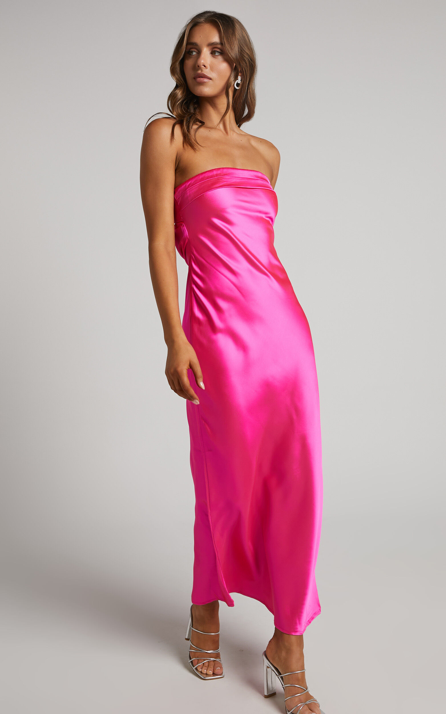 Tracey Maxi Dress Strapless Back Drape Satin Dress in Pink Showpo