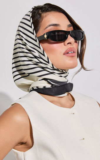 Lara Scarf - Satin Tie Up Printed Scarf in Cream and Black