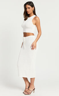 Vivianne Two Piece Set - Knitted Crop Top and High Waist Midi Skirt in White