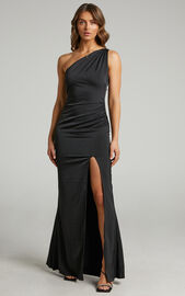 Victoire One Shoulder Maxi Dress in Black Satin | Showpo USA