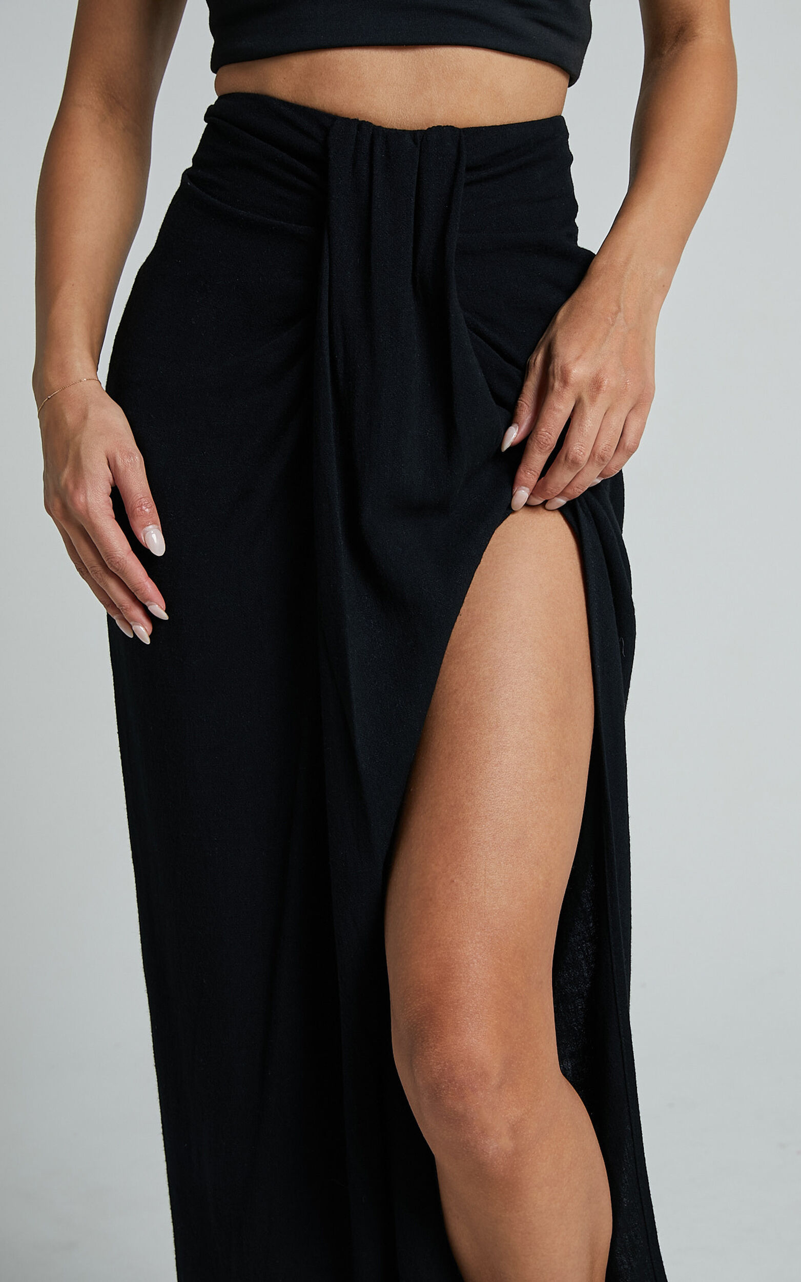 Alanna Midi Skirt Linen Look Thigh Split Wrap Skirt in Black Showpo EU