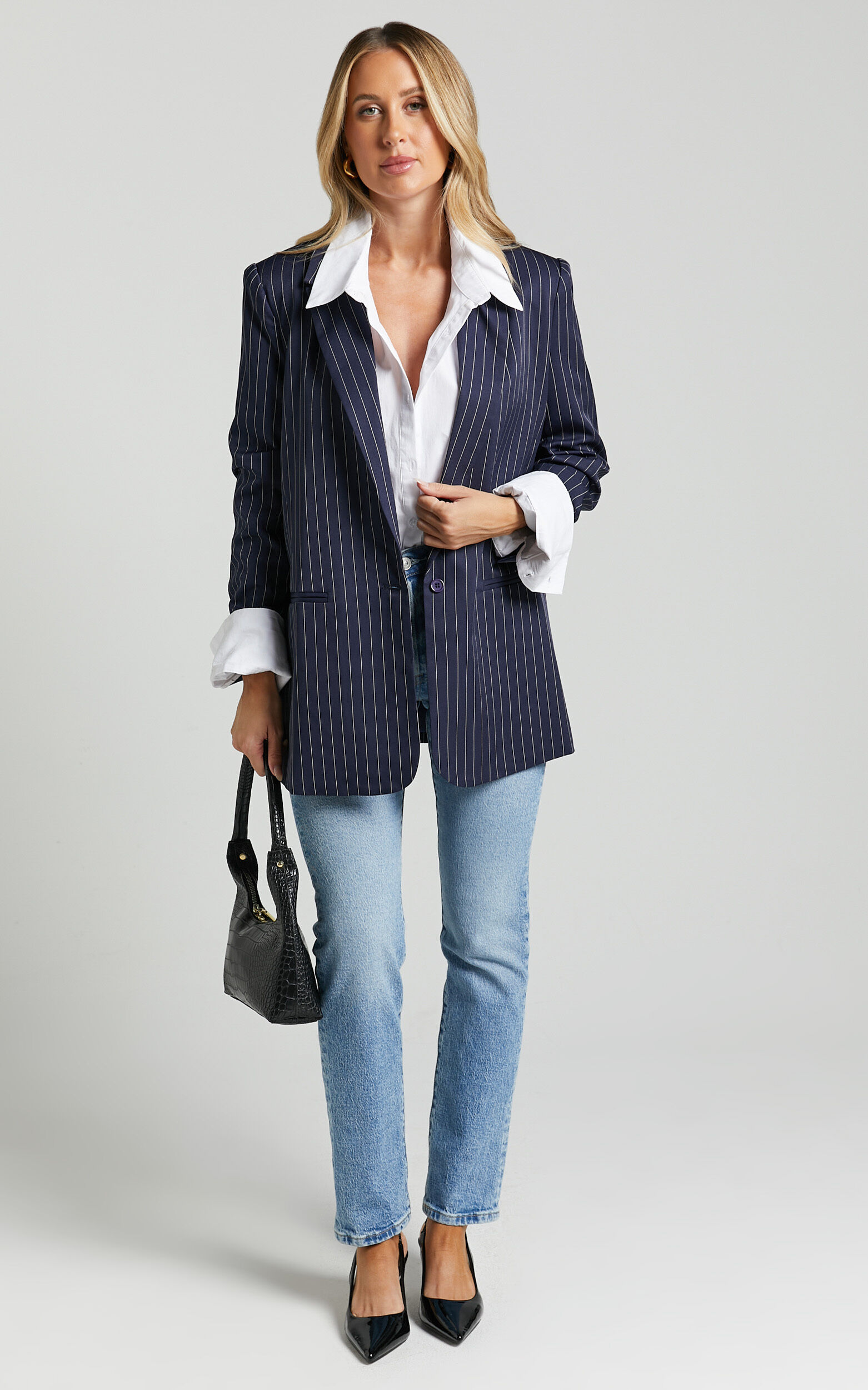 Ladies navy pinstripe blazer online