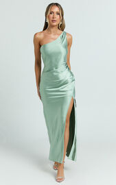 Isla Maxi Dress - Satin One Shoulder Side Split Dress in Sage | Showpo NZ