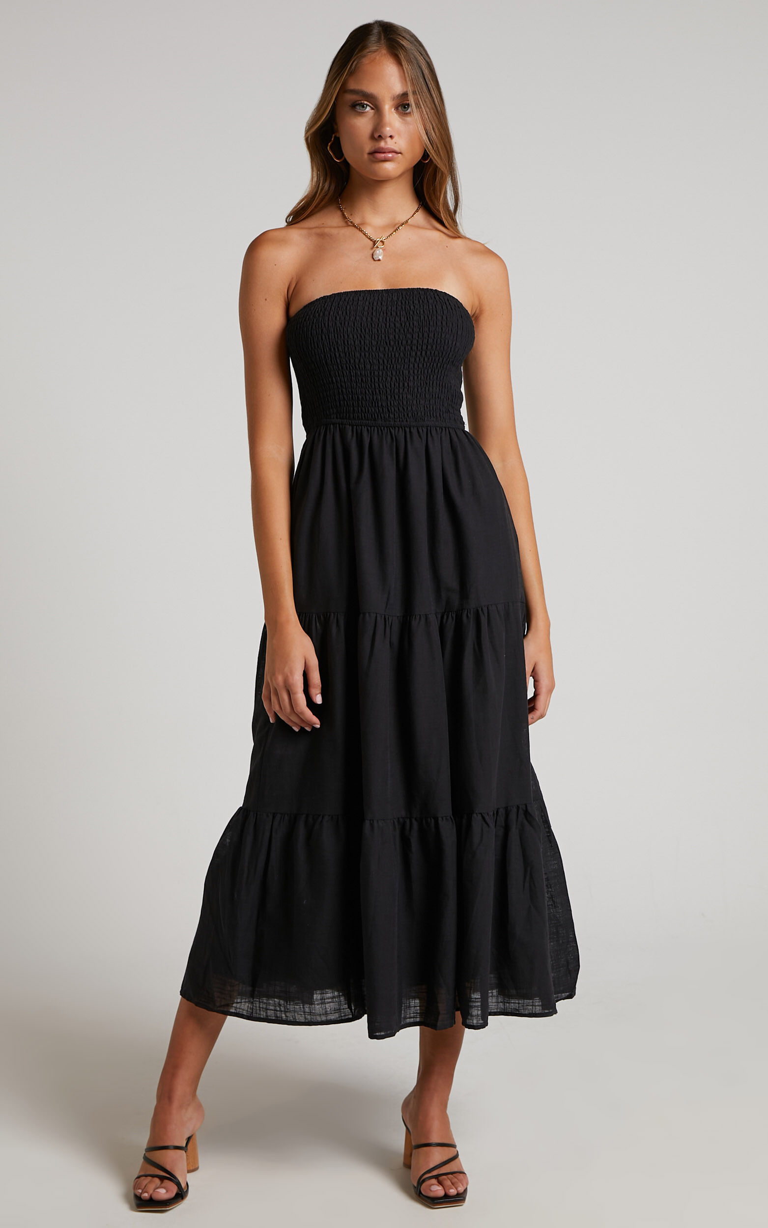 Zoe Midi Dress - Strapless Shirred Bodice Tiered Dress in