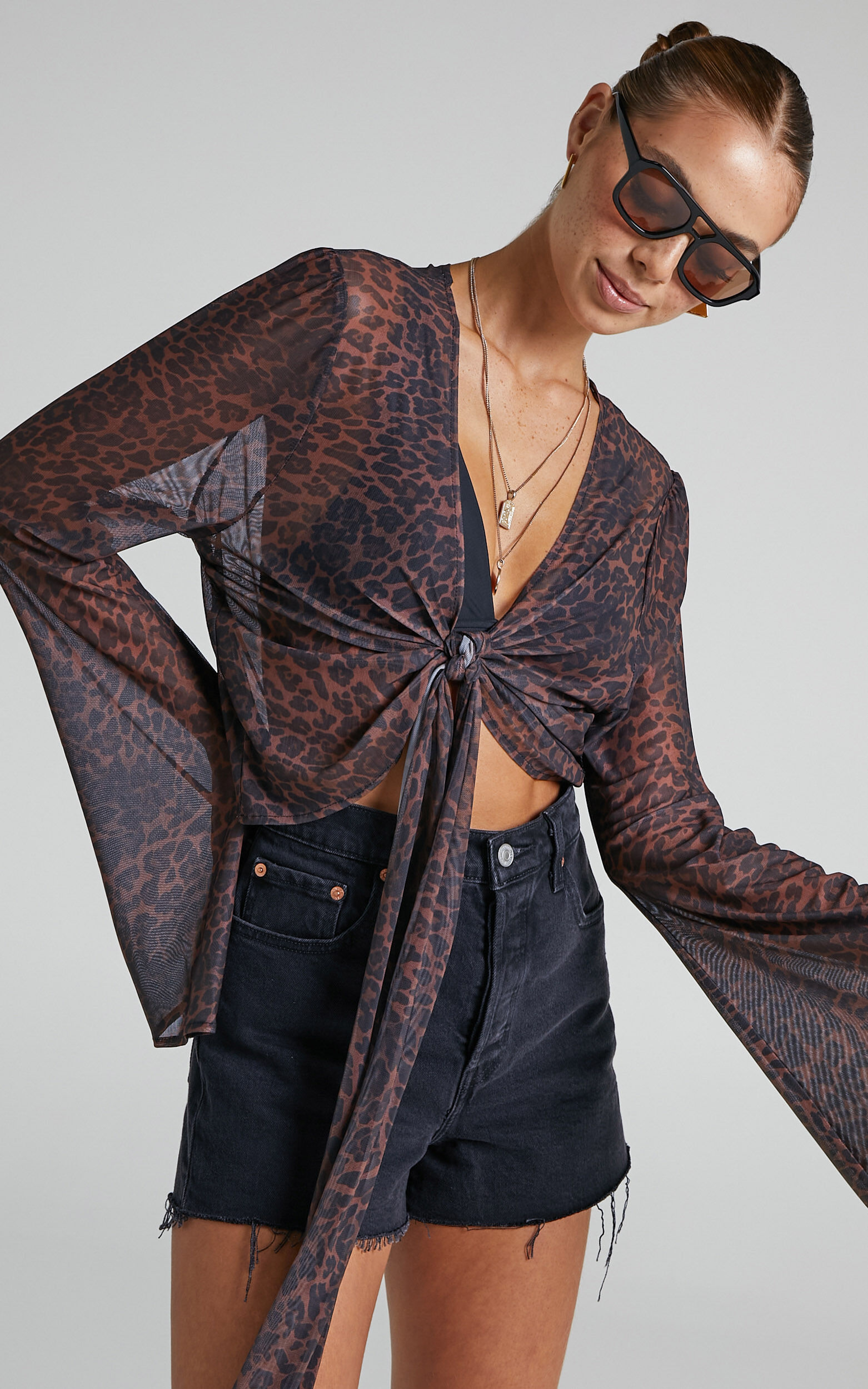 Kerensa Top Sheer Tie Front Bell Sleeve Top in Winter Wild