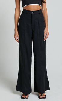 Skye Pants - Linen Look High Waisted Seam Detail Pants in Black