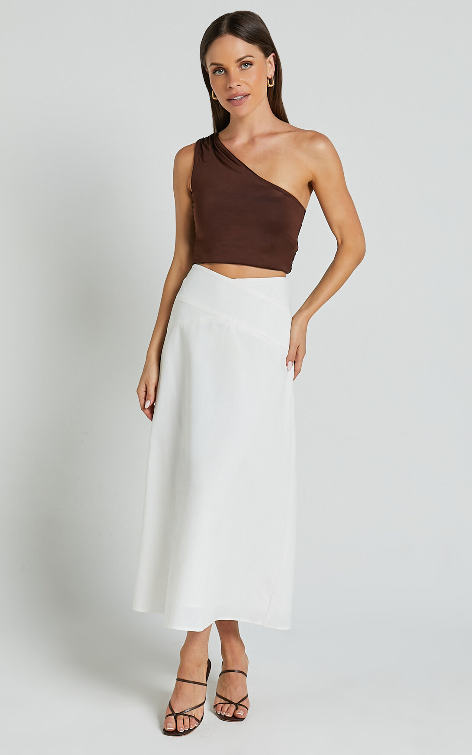 Sundry Midi Skirt - Linen High Waisted Cross Front Detail Skirt in Off White - 06, WHT1