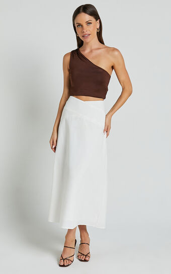 Sundry Midi Skirt - Linen High Waisted Cross Front Detail Skirt in Off White