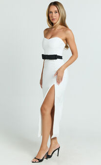 Veronica Midi Dress - Sweetheart Strapless Bow Detail High Split Dress in White