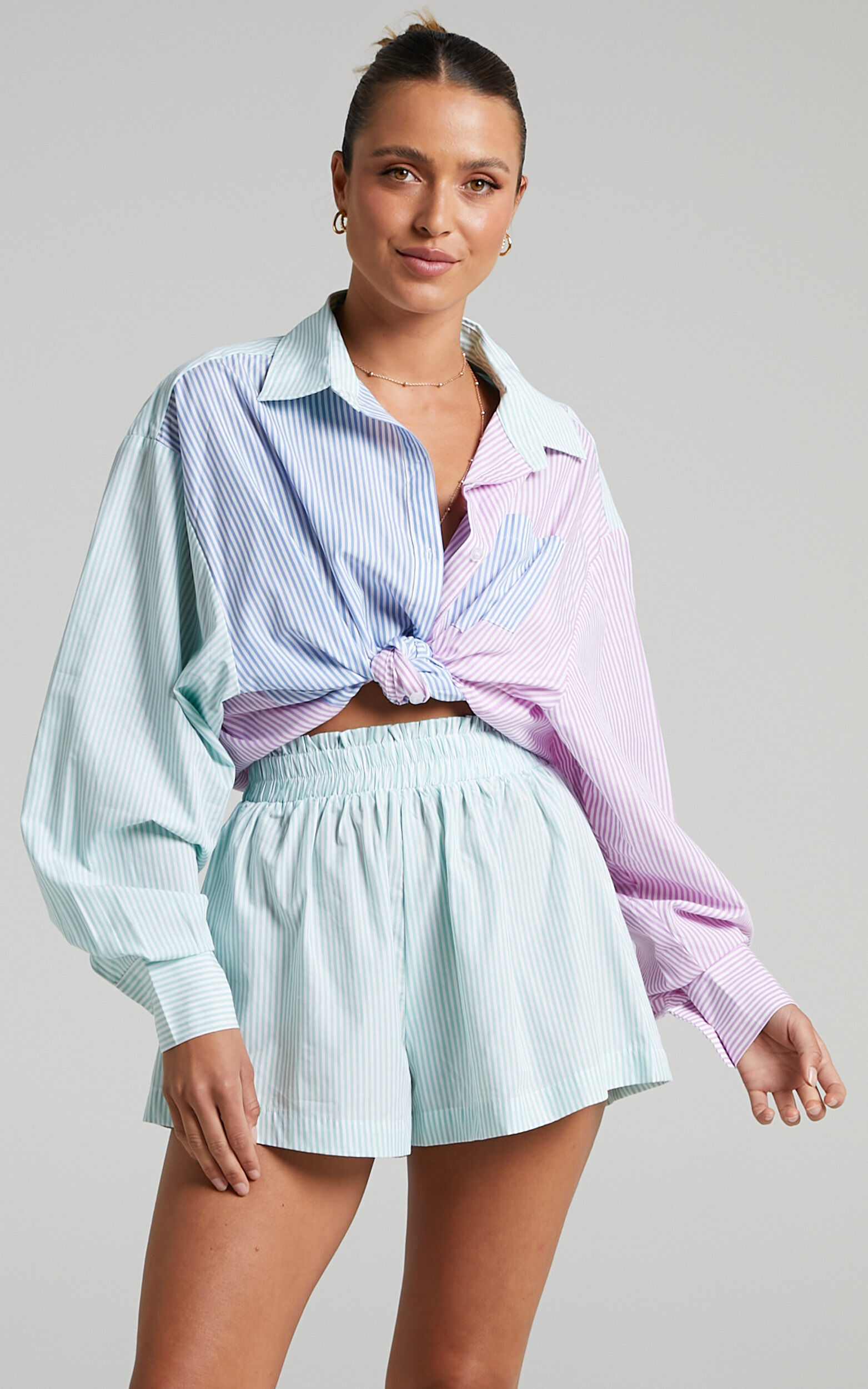 Autumn Stripe Shorts - High Waisted Shorts in Mint Stripe - 06, GRN1