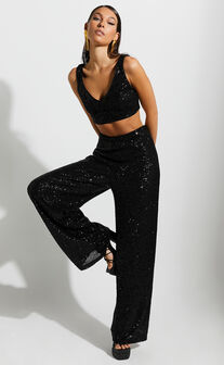 Abela Two Piece Set - Crop Top and Wide Leg Pants Set in Black Sequin