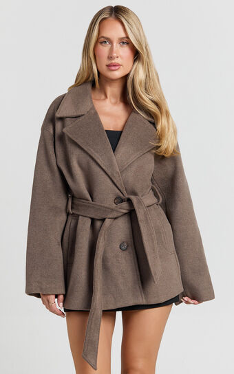 Alessandra Coat - Single Breasted Belted Short Wool Like Coat in Dark Chocolate