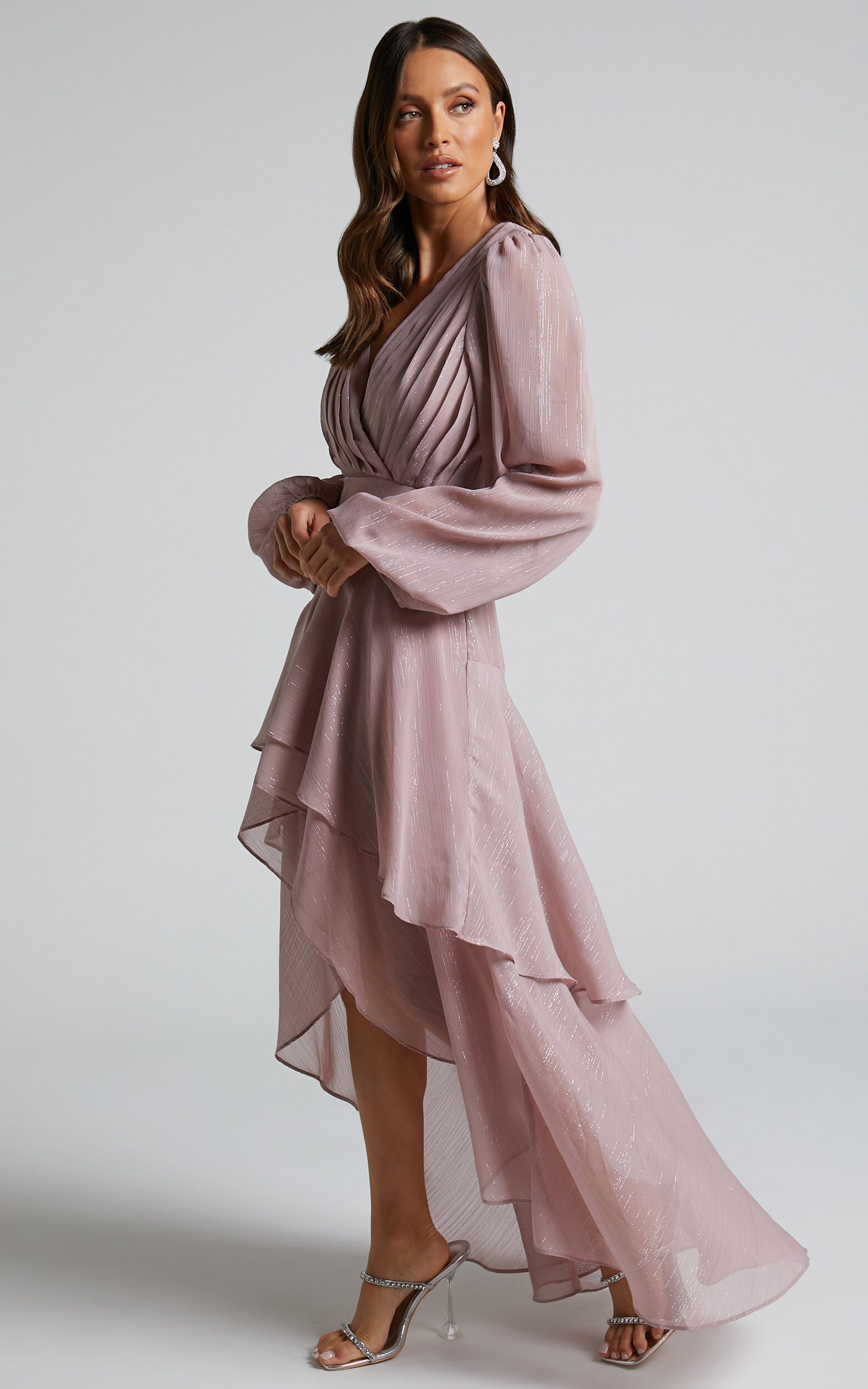 Claudita Midi Dress - Long Sleeve High Low Hem Dress in Dusty Rose