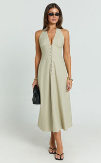 Beata Midi Dress - Plunge Halter A-Line Dress in Sage