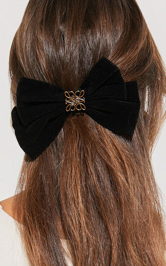 Mishka Hair Bow - Large Velvet Gold Detail Hair Bow in Black