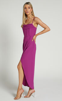 Andrina Midi Dress - High Low Wrap Corset Dress in GRAPE