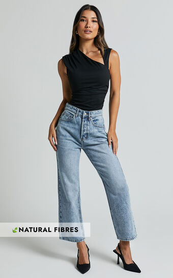 Wilkins Jeans High Waisted Straight Leg Cropped Hem in Mid Blue Wash Sale