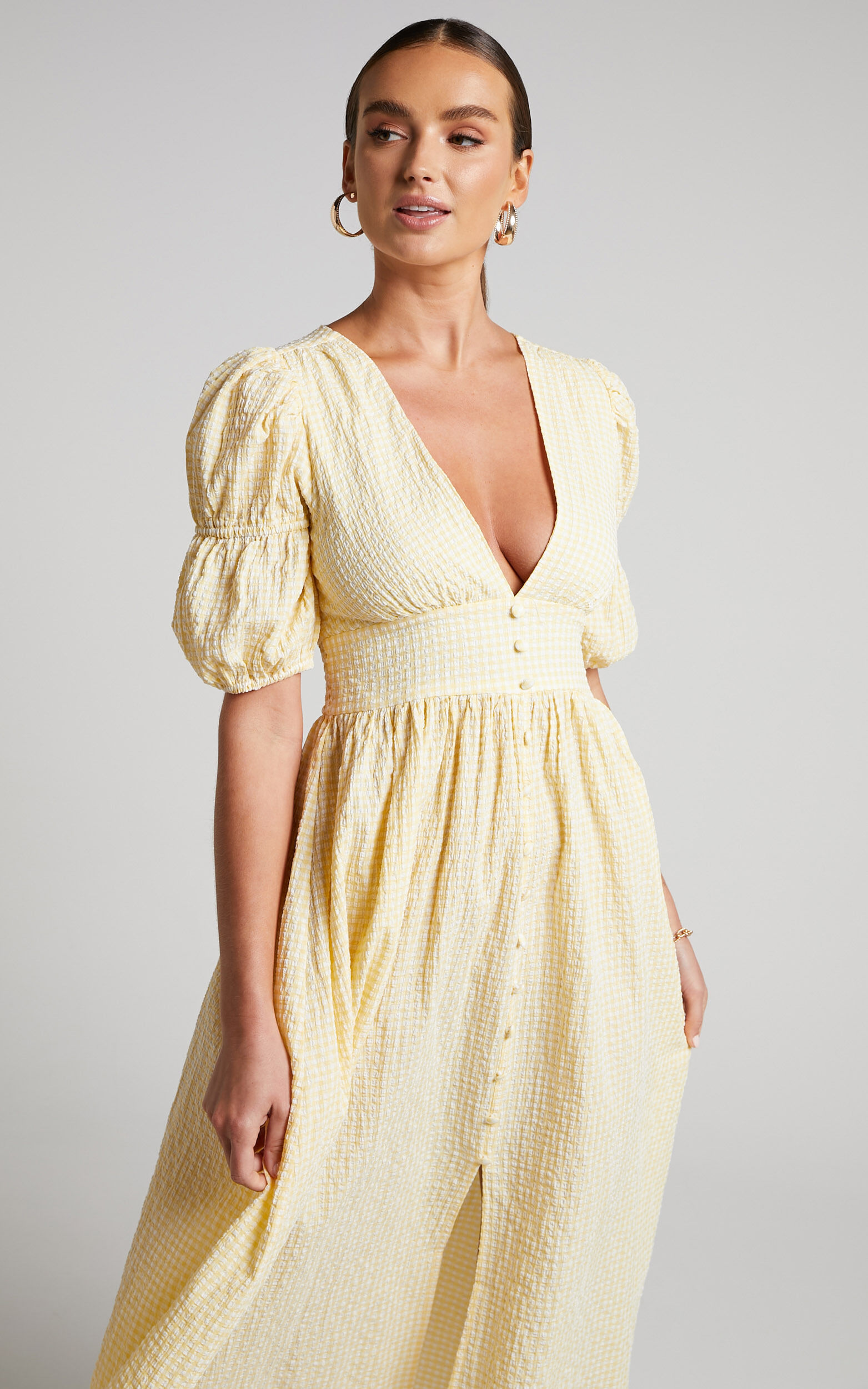 Augusta Midi Dress Button Detail V Neck Double Puff Sleeve Dress in Butter Yellow Showpo USA