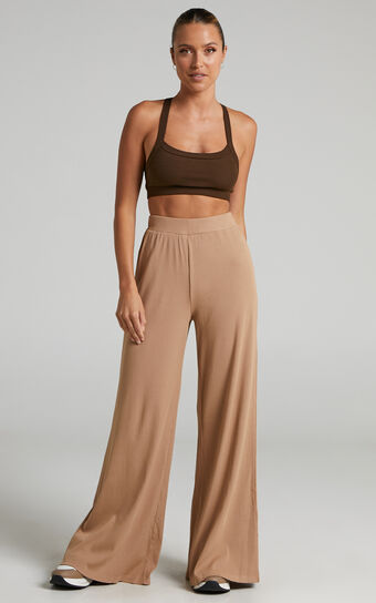 Amalthea Pants - High Waisted Jersey Rib Wide Leg Pants in Camel