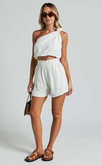 Raylene Two Piece Set - Linen Look Knotted One Shoulder Top and Paper Bag Waist Shorts in White