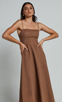 Brette Midi Dress - Linen Straight Neck Strappy Fit And Flare Dress in Tobacco