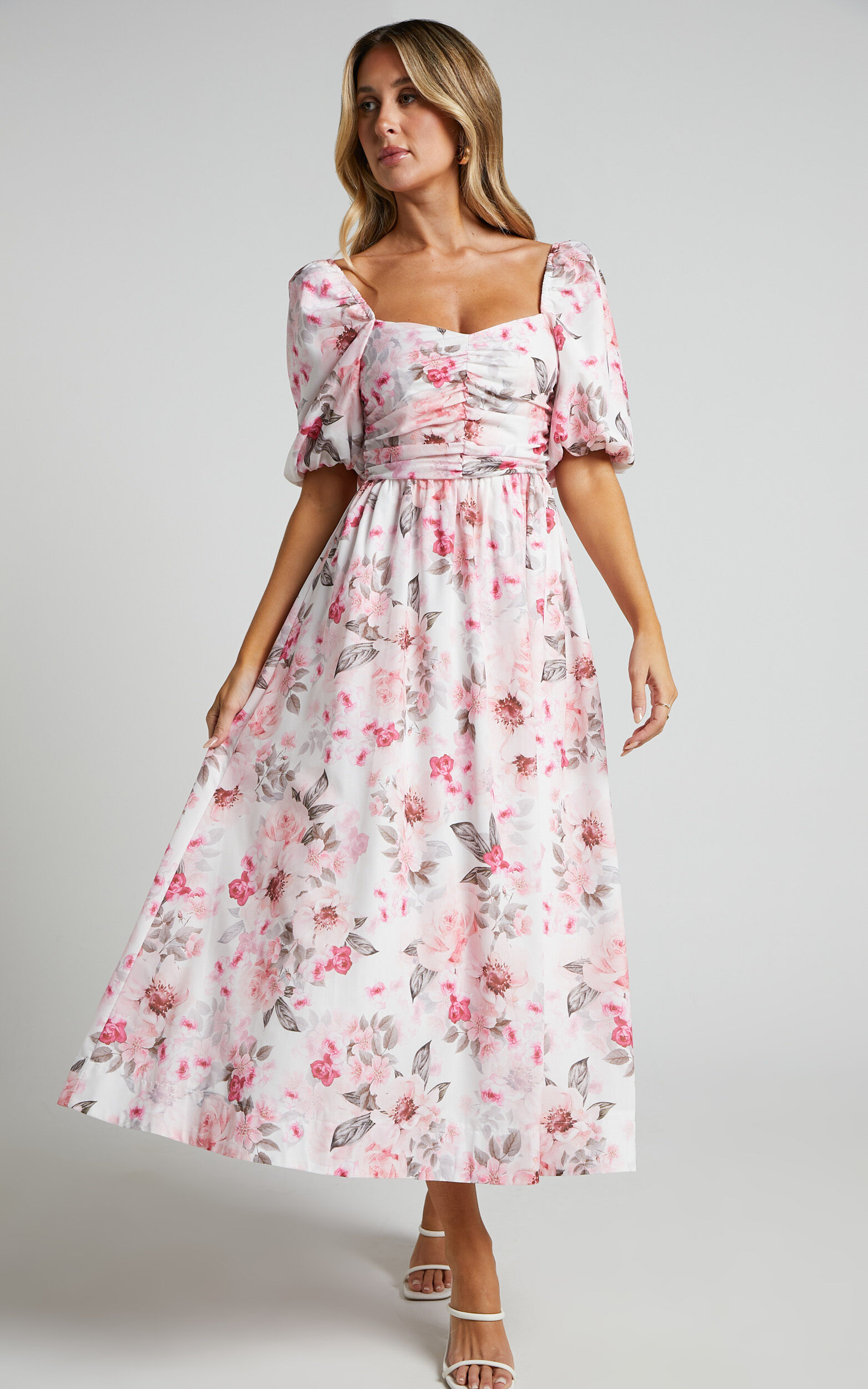 Haxzel Midi Dress - Ruched Bust Puff Sleeve Dress in Bouquet