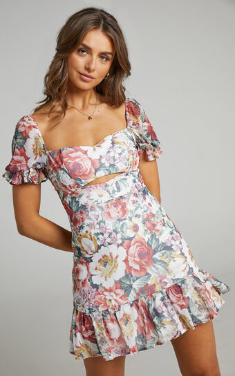 Darah Mini Dress with Ruffle Hem and Sleeves in Heritage Floral