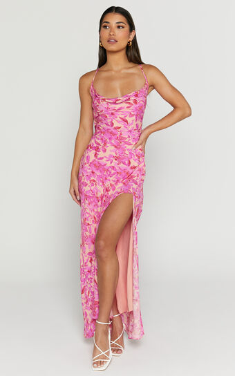 Manuella Maxi Dress - Cowl Neck Slit Slip Dress in Pink