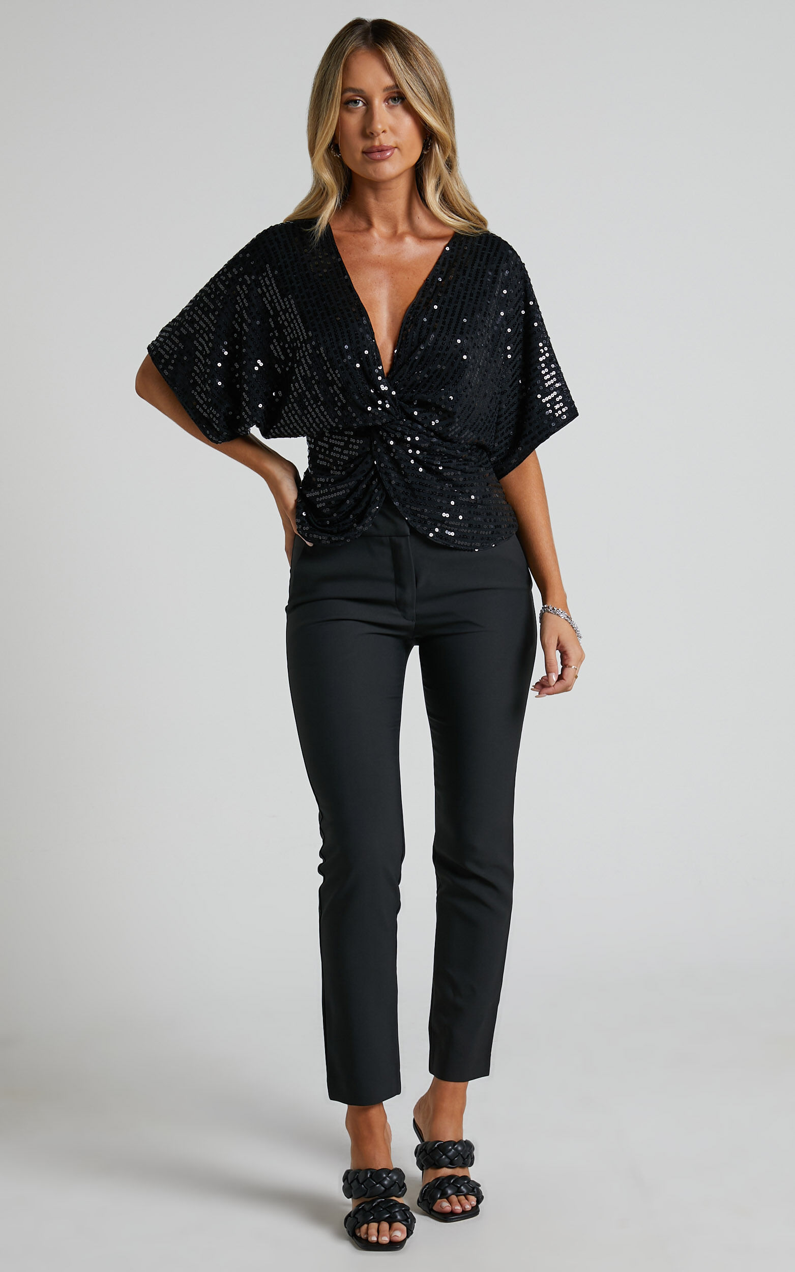 Zoey Batwing Top Twist Sequin Batwing Top in Black Showpo USA