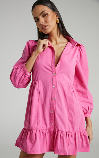 Maulee Mini Dress - Frill Hem Shirt Dress in Pink