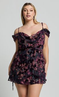 Aletta Mini Dress - Strappy Off Shoulder Cowl Neck Dress in Aletta Burn Out Floral