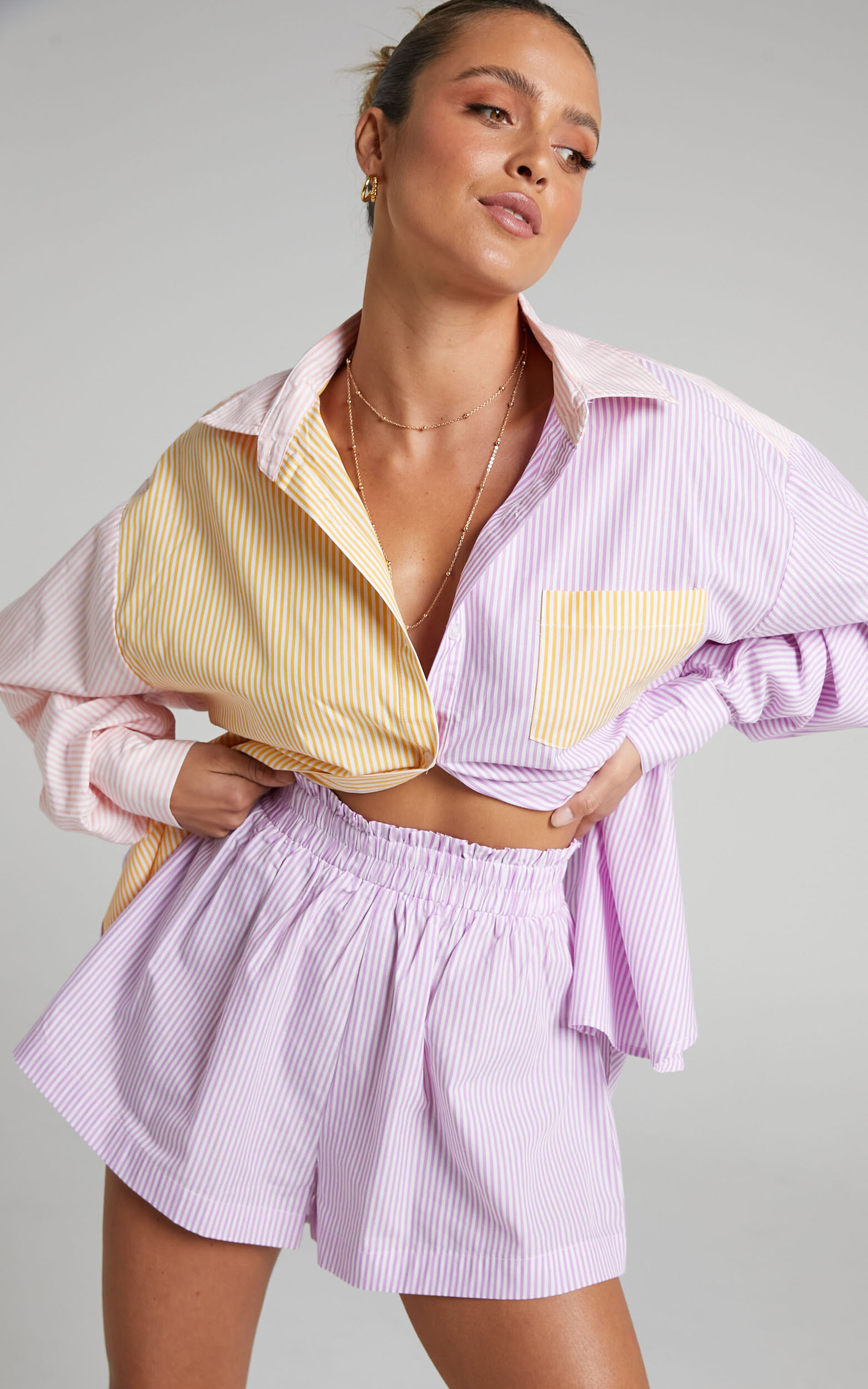 Autumn Stripe Shorts - High Waisted Shorts in Lilac Stripe - 06, PRP3