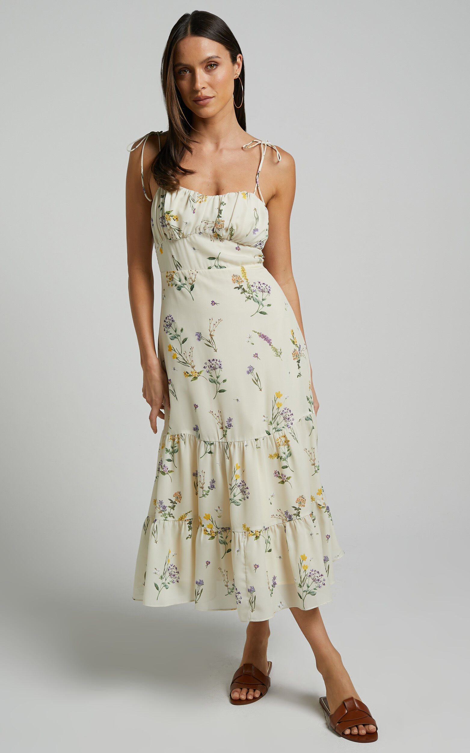 Monaco Midi Dress Strappy Sweetheart Tiered Dress in Botanical floral Showpo USA