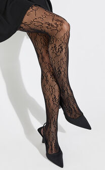 Wanda Stockings - Floral Pattern Sheer Stockings in Black