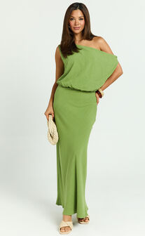 Jacqueline Midi Dress - Linen One Shoulder Dress in Green