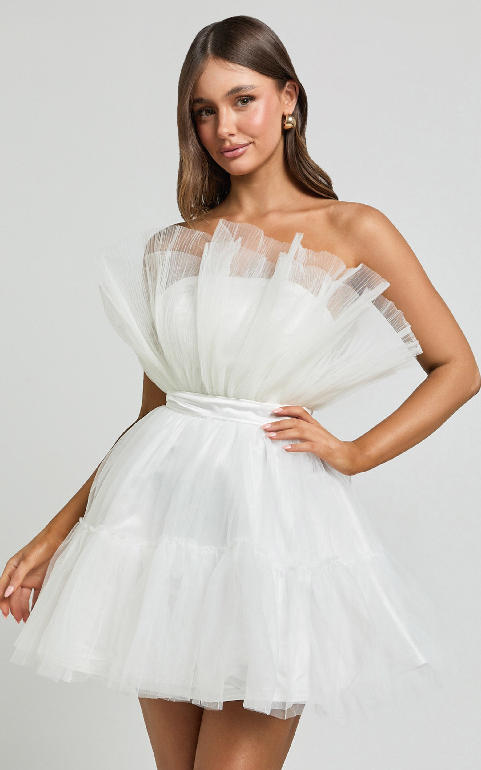 Amalya Mini Dress Tiered Tulle Fit and Flare Dress in White