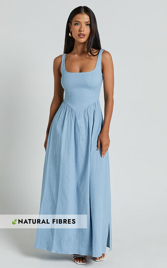 Rhaziya Midi Dress - Sleeveless Straight Neck Fit and Flare Dress in Blue No Brand