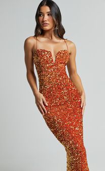 Rayner Midi Dress - V Bar Sequin Bodycon Dress in Copper