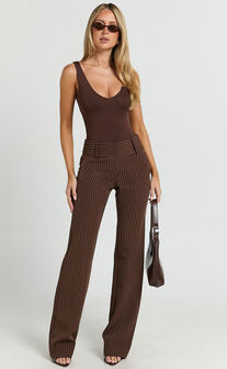 Elliot Pants - Mid Rise Pinstripe Bootleg Pants in Brown Stripe