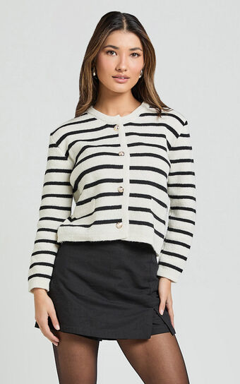 Cleo Cardigan - Button Through Stripe Knit Cardigan in Ivory/Black