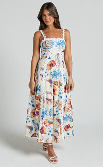 Lani Maxi Dress - Wavy Strap and Neck A Line Dress in Blue and Yellow Print