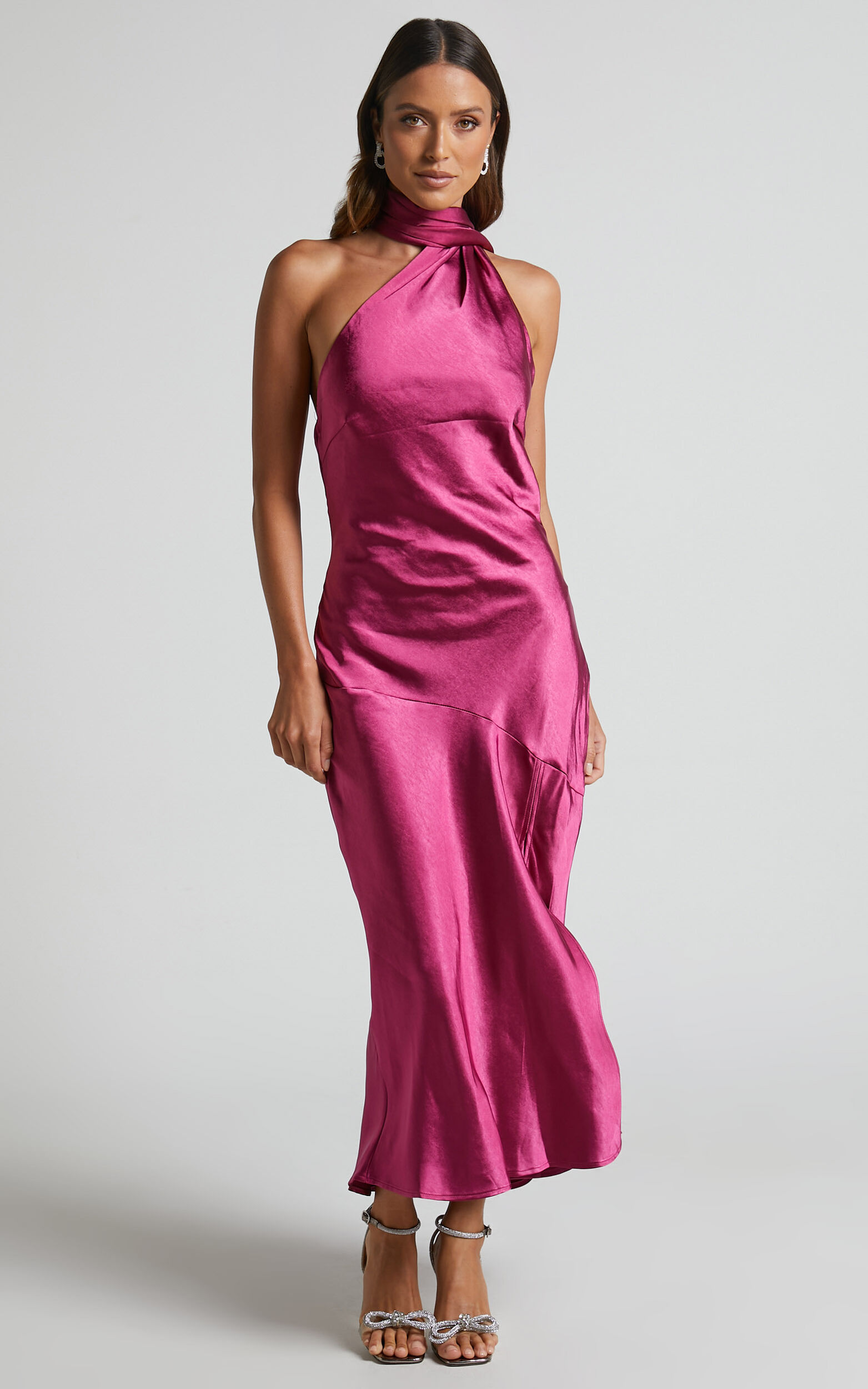 Evana Midi Dress - High Asymmetrical Neck Satin Slip Dress in FUSCHIA ...