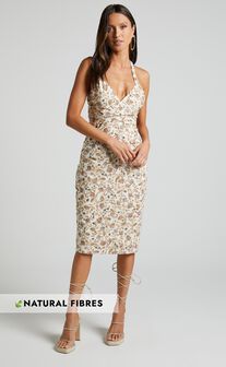 Amalie The Label - Mariella Linen Blend Gathered Cross Front Open Back Midi Dress in Maya Floral