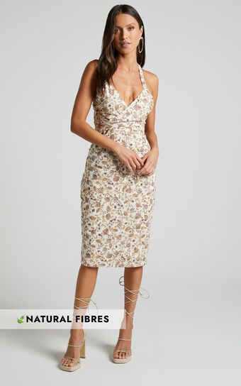 Amalie The Label - Mariella Linen Blend Gathered Cross Front Open Back Midi Dress in Maya Floral