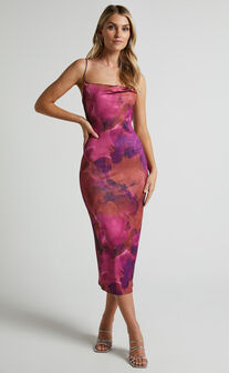 Rhaine Midi Dress - Cowl Bodycon Dress in Purple Haze